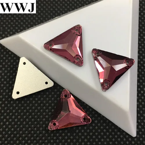 New 30Pcs 16mm Burgundy Color Triangle Shape Glass Sew On Stone Flatback 3 Holes Sewing Rhinestones Jewelry Beads