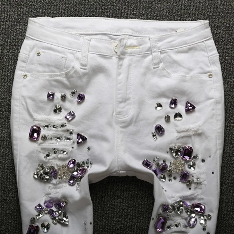 New Embroidered Flares Jeans Woman Fashionable White Hole Ripped Stretch Pencil Pants Diamond Casual Denim Trouser Female