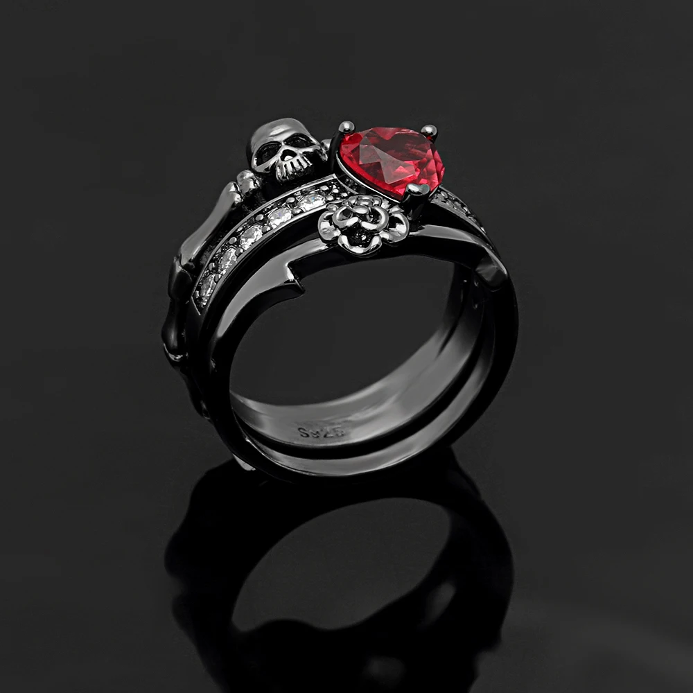 Gothic Skull Finger Silver Color Wedding Rings Set for Women Girl Red Heart Crystal CZ Rose Flower Trendy Jewelry Gift Rings