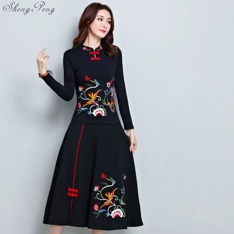 Chinese oriental women two piece set spring fall pantsuit women vintage floral print elegant ladies skirt suit Q458