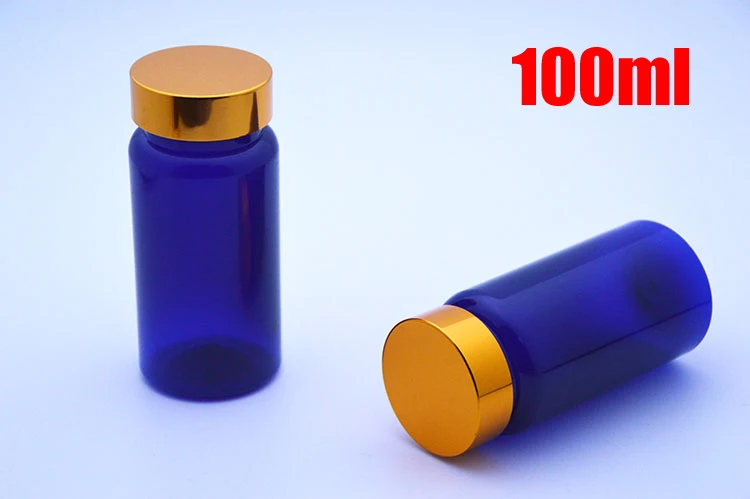 100pcs 100ml Blue Color PET Medicine Bottle,Capsules/Pills/Powder/Vitamins Bottles, Plastic Bottles-Bright Golden Caps