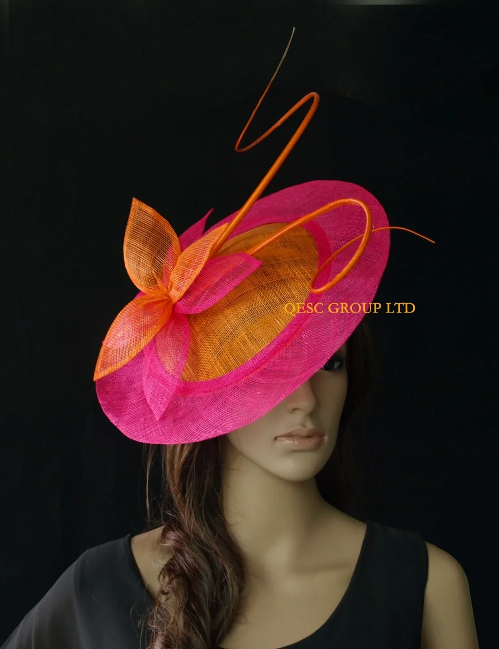 NEW FUCHSIA HOT PINK ORANGE BIG SINAMAY FASCINATOR SAUCER HAT.