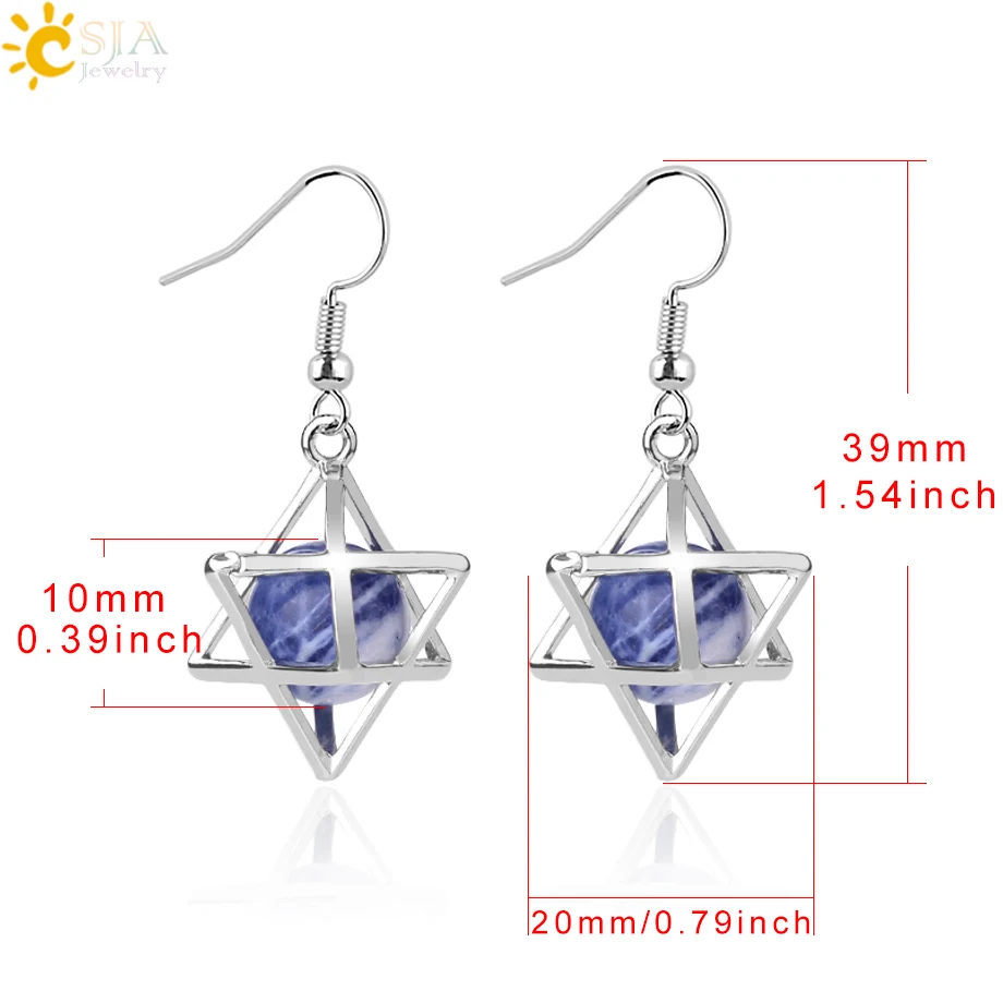CSJA Natural Stone Hexagram Earrings Merkaba Hollow Star Purple Crystal Round Bead Drop Earring Reiki Fashion Women Jewelry F878