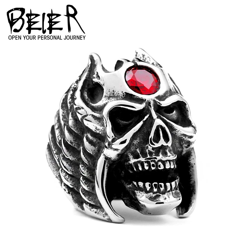 BEIER Hiphop 316L Hot Sell 316LStainless Steel Winged Skull With Red Stone Cool Punk Ring Jewelry drop shipping BR8-415