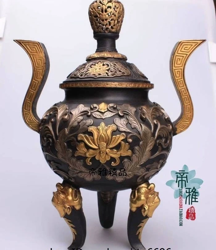 

Chinese Buddhism Palace Copper 24K Gold Gild Silver-gilt Incense Burner Censer