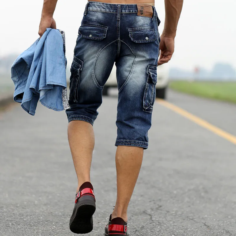 Idopy Casual Men's Cargo Denim Shorts Retro Vintage Washed Slim Fit Jean Mulit-Pockets Military Biker Trousers For Male