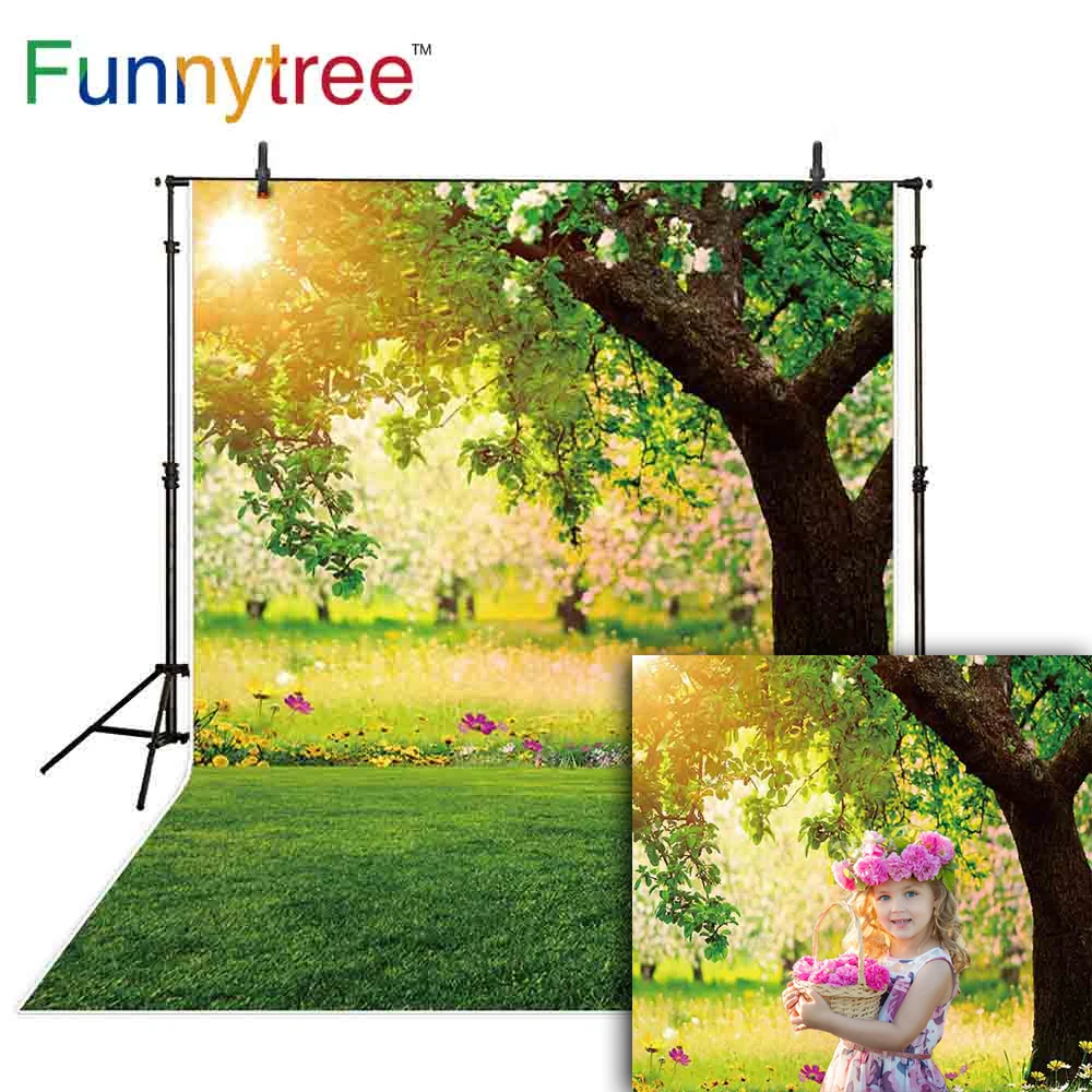 Funnytree Spring Background Green Tree Sun Nature Flowers Easter Baby Shower Newborn Photo Studio Photography Backdrop Photocall