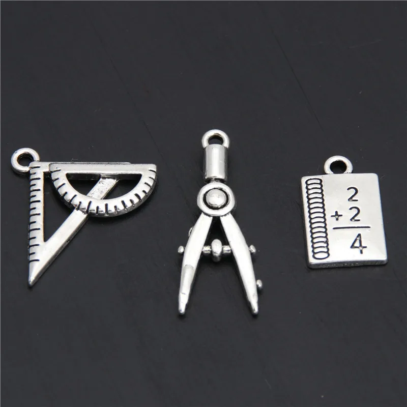 20pcs Zinc Alloy Metal Architect Compass Charms Silver Color Ruler Drawing Pendant For Necklace Student Jewelry