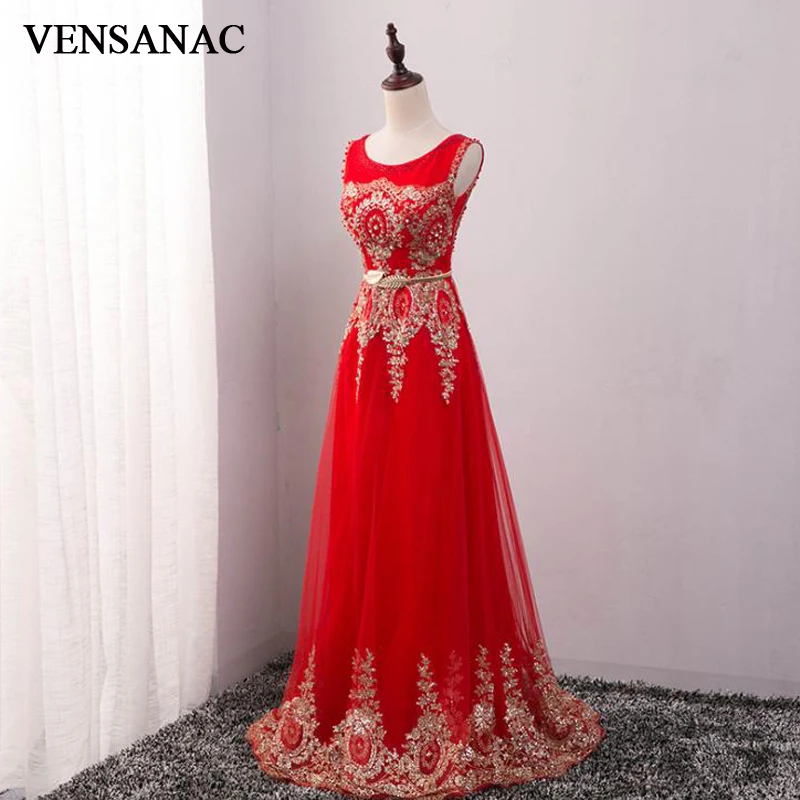 

VENSANAC 2018 O Neck Metal Leaf Sash Long A Line Evening Dresses Vintage Tank Lace Crystals Party Tulle Prom Gowns