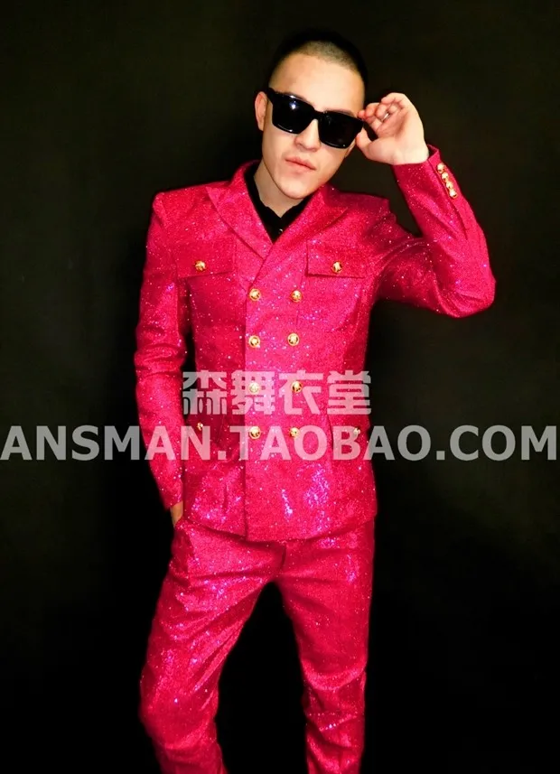 

New fashion Male Pink Glitter Wedding Dress costumes Nightclub Singer dancer Stage Costumes Men Clothing Set