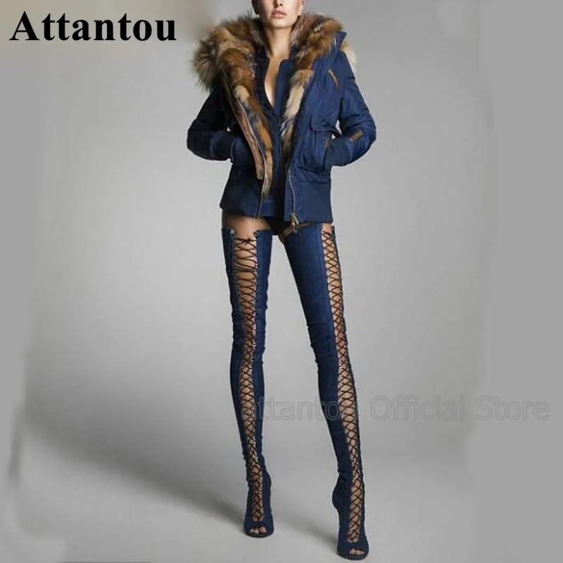 Fashion Blue Denim Jeans Crotch Designer Thin High Heel Boots Women Over The Knee Thigh High Long Booty Lace Up Slim Fit Boots