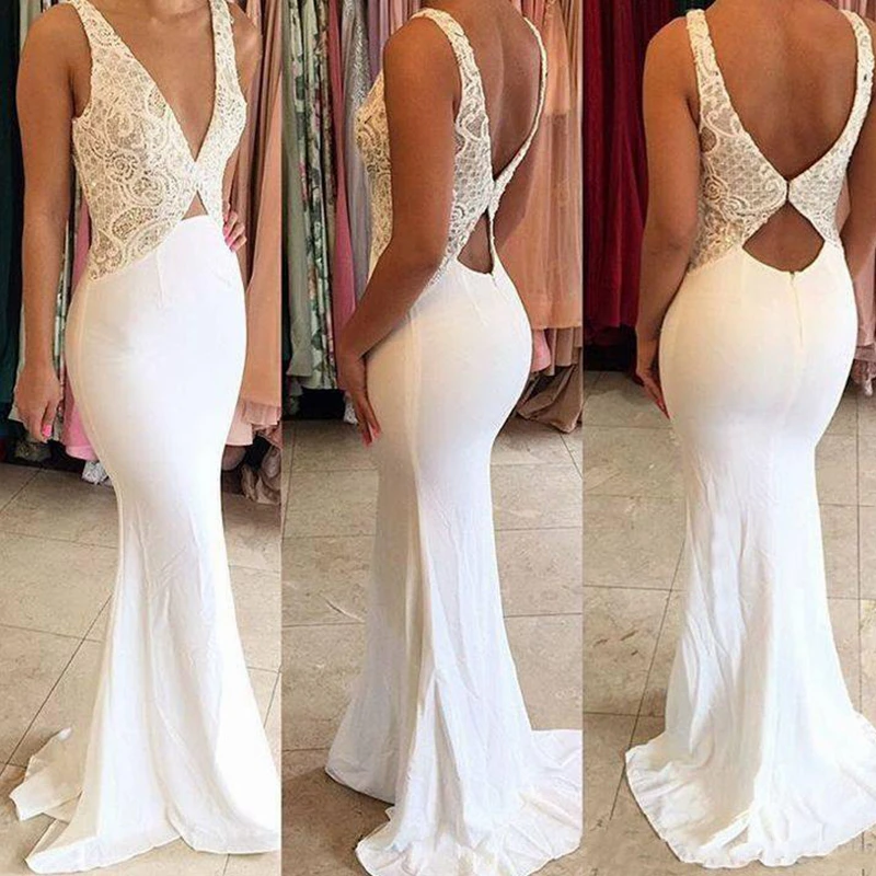 Sexy New 2021 Deep V Neck Mermaid Prom Dresses Lace Applique Sweep Train Open Back Formal Evening Party Gowns Custom Made