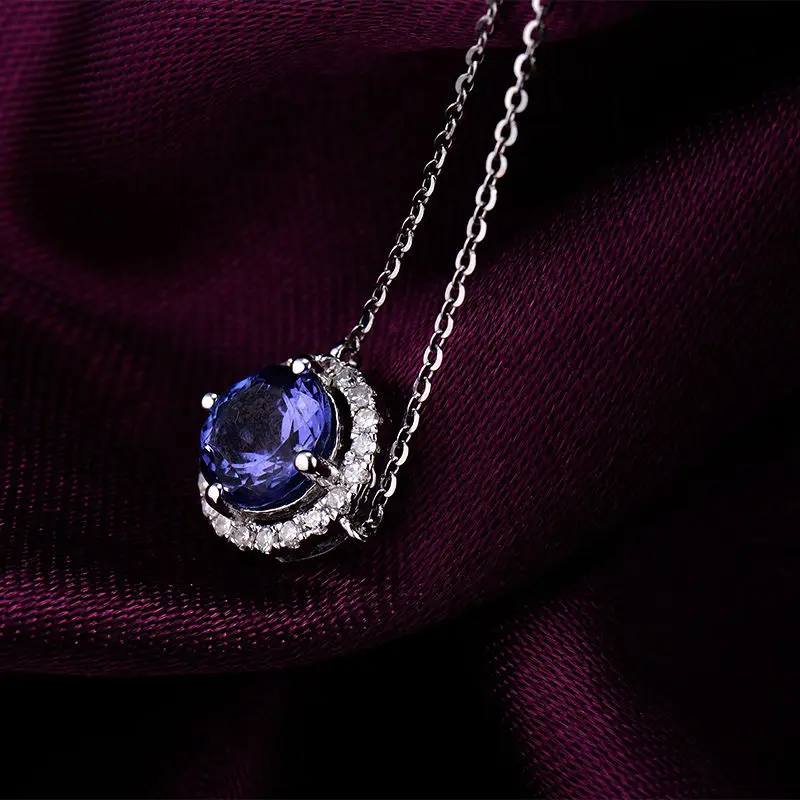 

LANMI Tanzanite Pendants Women Round 7x7mm Natural Blue Tanzanite Gemstone Solid 18Kt White Gold Pendant for Lady