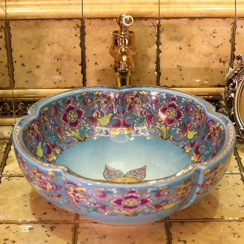 

Europe Vintage Style Ceramic Art Basin Sinks Counter Top Wash Basin Bathroom Vessel Sinks vanities sink to bath room