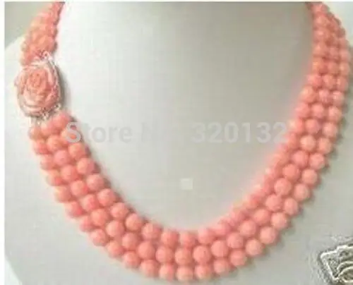 

bridal Woman's Jewellery Natural Rare 3 rows 7-8mm angel skin coral beads necklace Wholesale Silver hook REAL Shipping