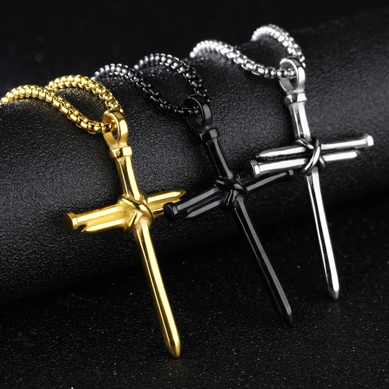 Men\'s Womens Antique Stainless Steel Nail Charm Cross Necklace Pendant Polished Gold Black Color