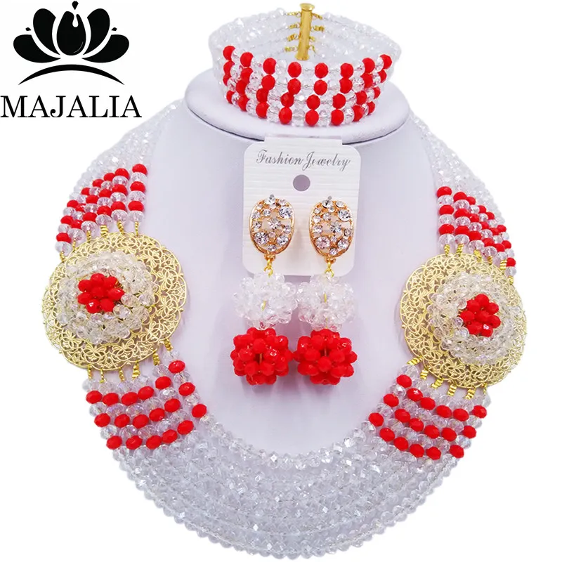 

Majalia Romantic Nigeria Wedding African Beads Jewelry Set Transparent and Red Crystal Necklace Bridal Jewelry Sets 6OP027