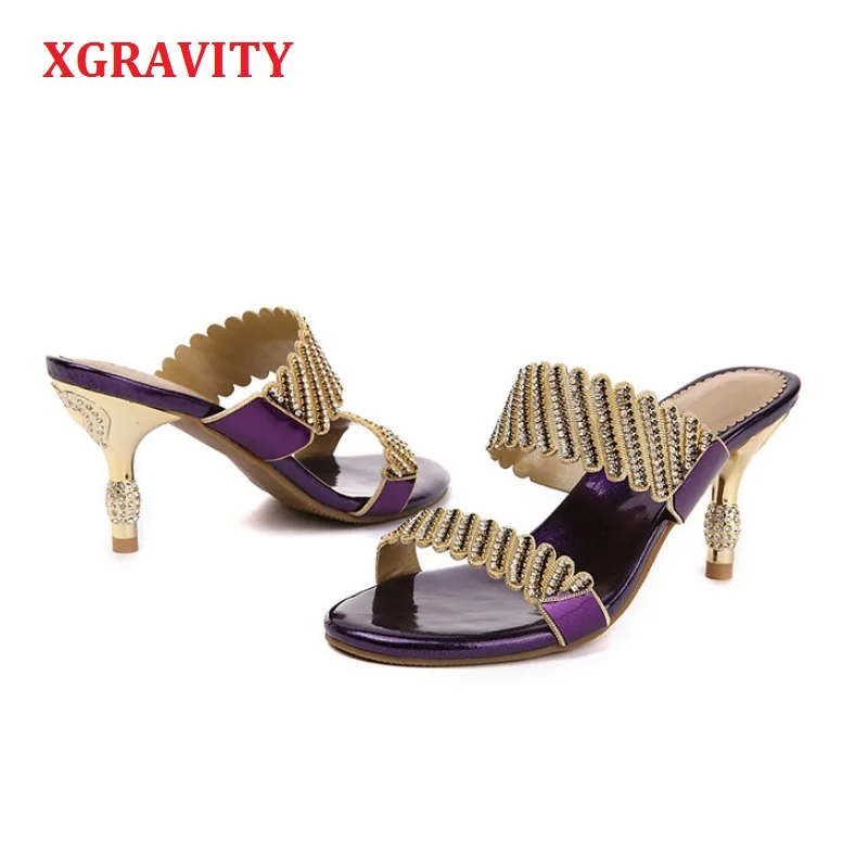 

XGRAVITY Summer Flip Flops Girls Casual Shoes Sexy Crystal Rhinestone Design Women Sandal High Heeled Genuine Leather Shoes A106