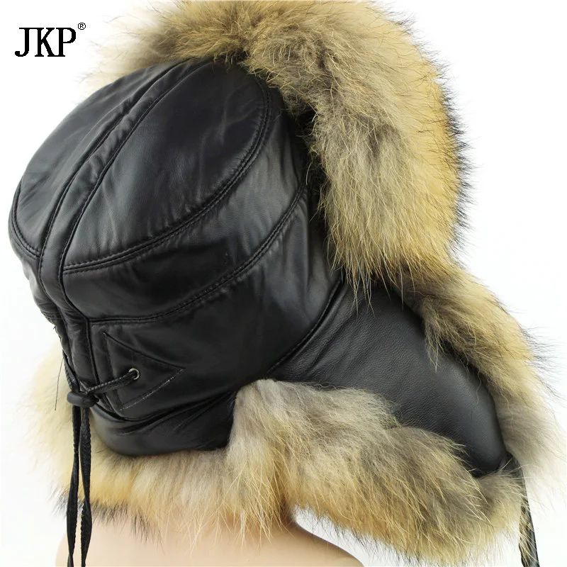 2024 Genuine Fox Fur Men\'s Hats Natural Raccoon Fur Lei Feng Bomber Ushanka Real Leather Russian Winter Warm Hats