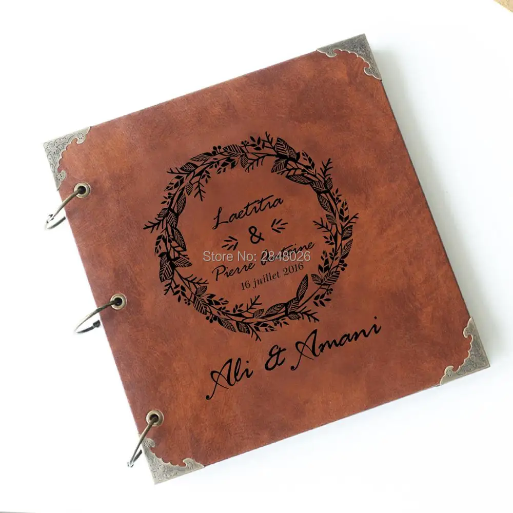 Rustic Wedding Leather Photo Album,floral wreath wedding guestbook, custom sign in book,