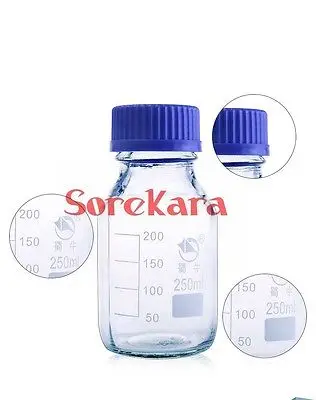 250ml Absolvierte Runde Glas Reagenz Flasche Blau Schraube Kappe Schraube Auf Abdeckung Graduation Probe Fläschchen Kunststoff Deckel