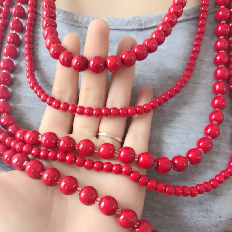 New Five Layers Marble Natural Stone Collar Statement Chunky Red Necklace