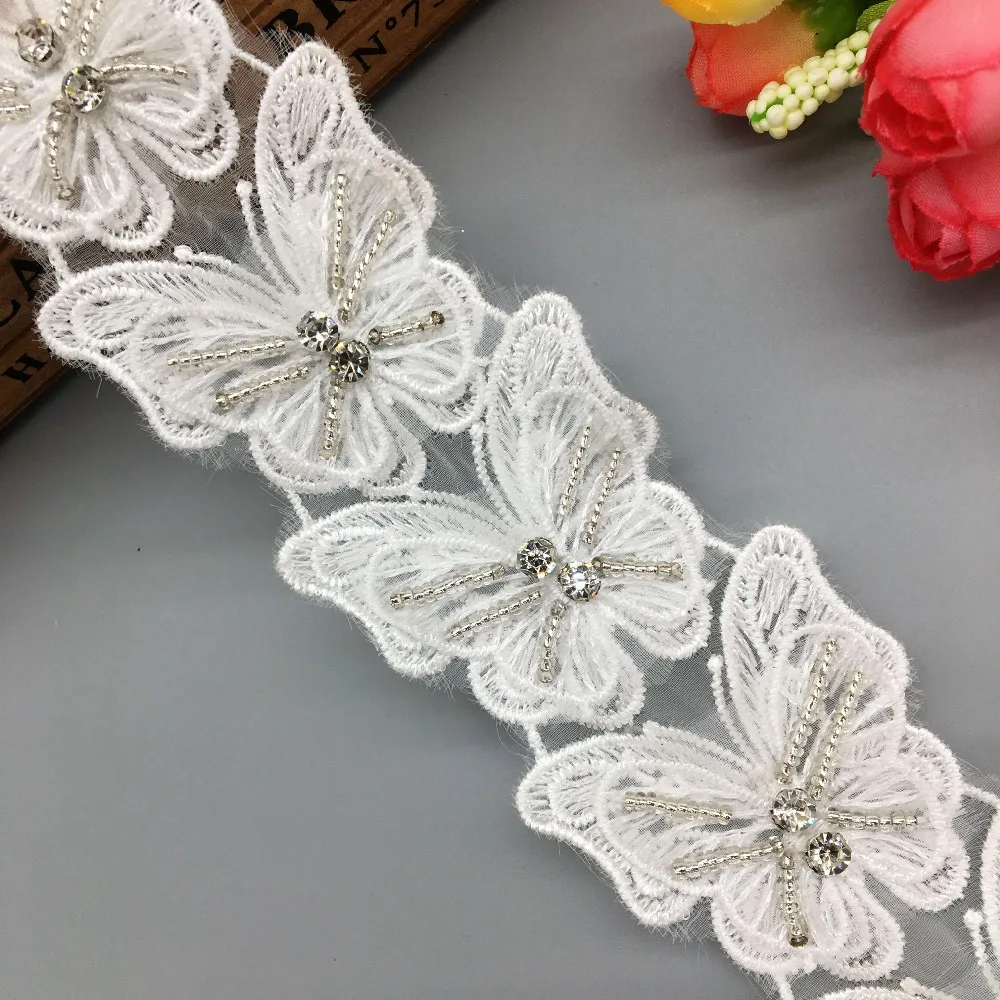 1 Yard Butterfly Flower Beaded Lace Trim Knitting Latest African Laces Wedding Dress Embroidered DIY Ribbon Sewing Supplies