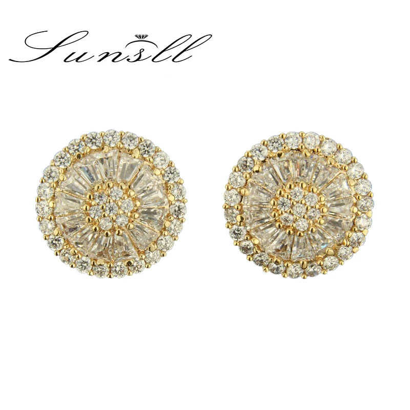 SUNSLL Luxury Pins Clear Cubic Zirconia Round Pizza Stud Earrings For Women Girls Gold Color Banquet Party Fashion Jewelry Gifts