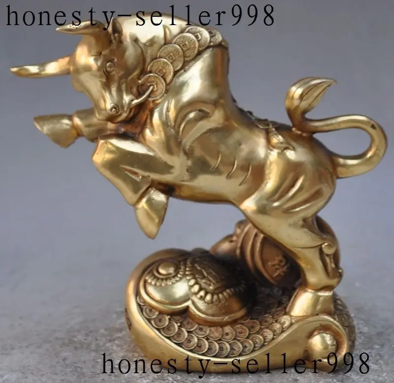 

China fengshui brass wealth money coin ruyi Zodiac Ox bull Cattle Bovine statue