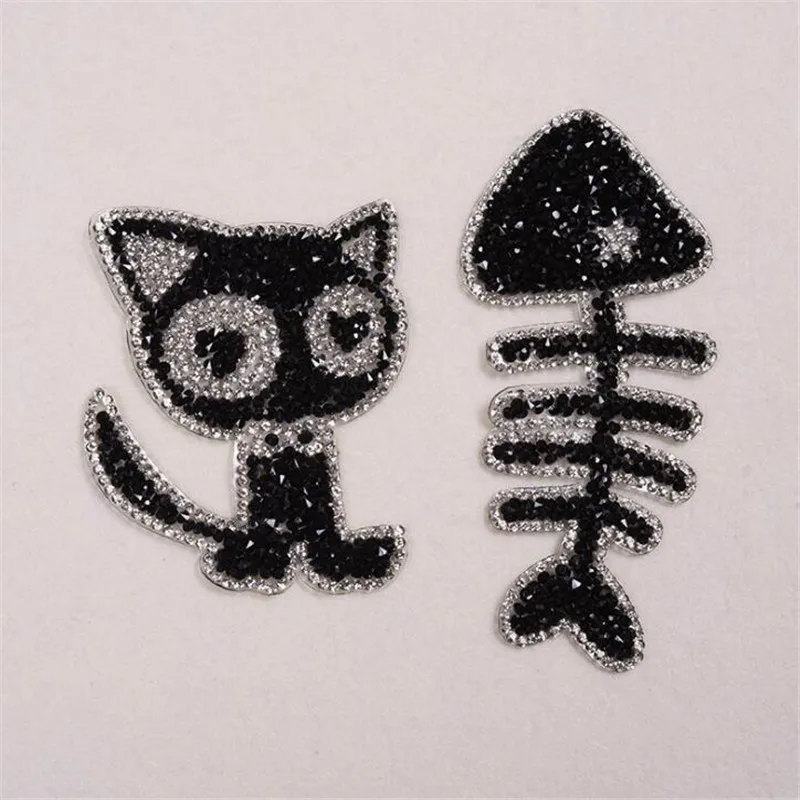 Rhinestones cat flsh embroidery patches for Children clothing bag iron on patch applique decoration DIY accessories Supplies