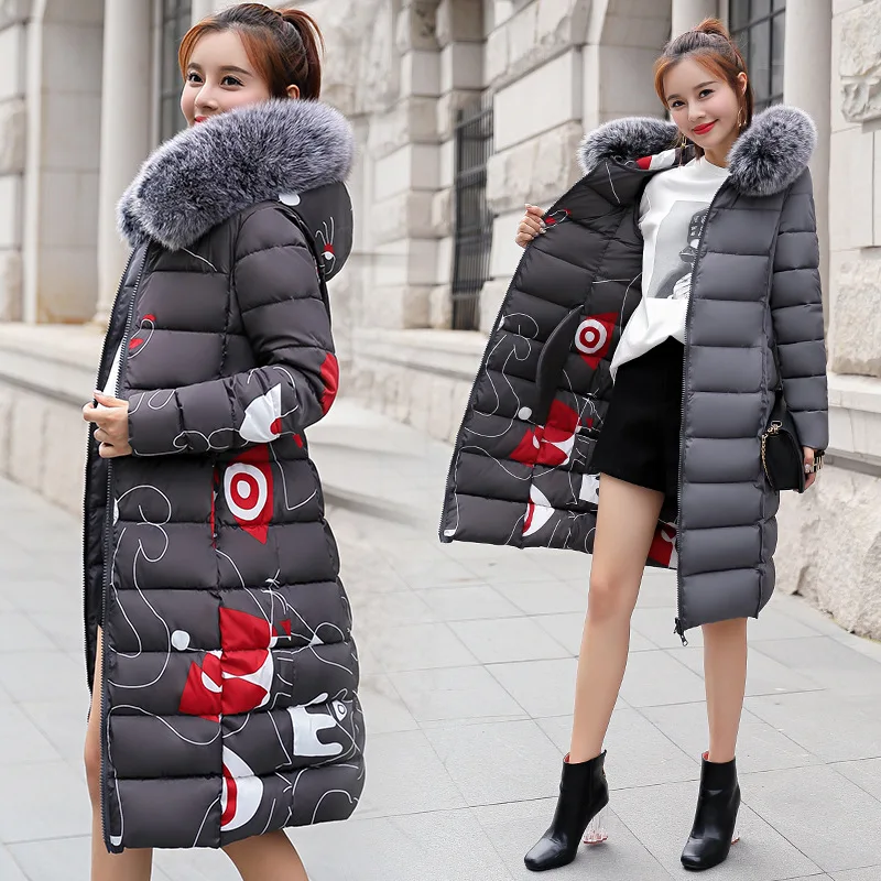 2019 Women\'s Winter Jacket The Two Sides Wearing Large Fur Collar Cotton Jacket Long Over The Knee Thick Hooded Women Outwear