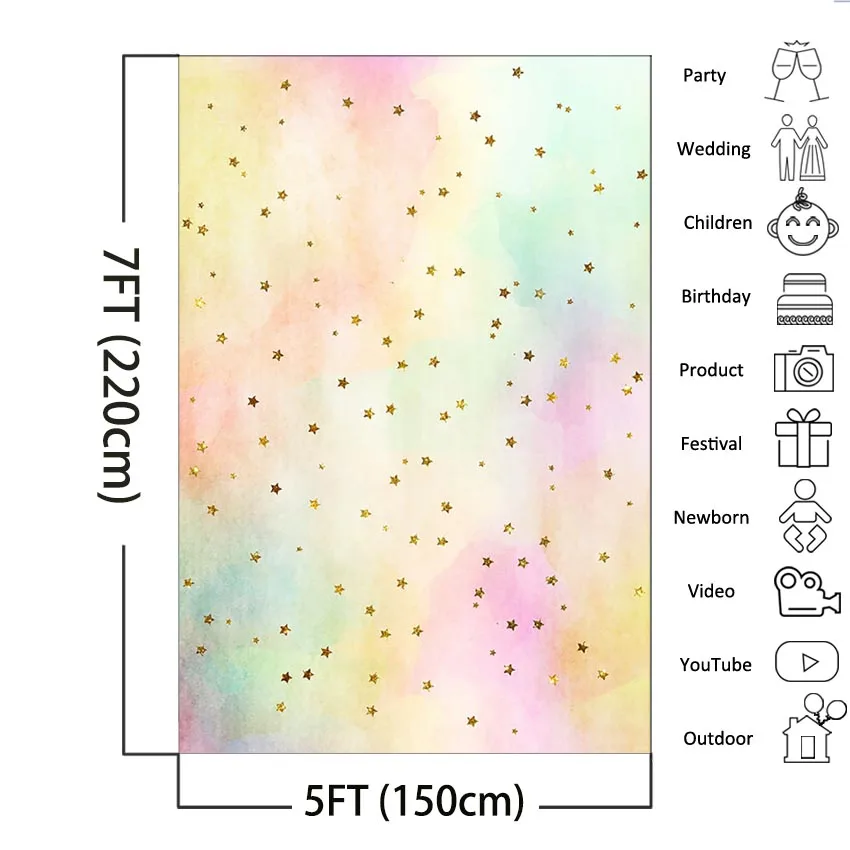 สีสันการถ่ายภาพเด็กฉากหลังแบนเนอร์ฉากหลังสีน้ำ Sky Cloud ดาวทองพื้นหลัง Photobooth Studio