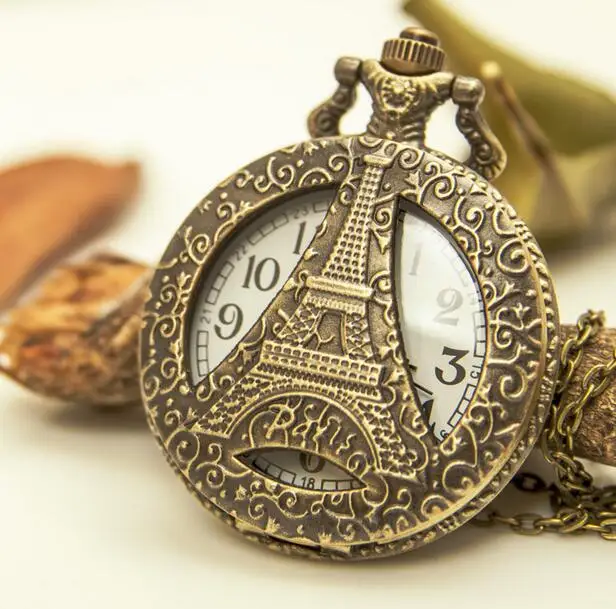 

Vintage Fashion quartz Hollow out Eiffel Tower large Bronze antiques Modern clock Necklace pocket watches gift PL8756