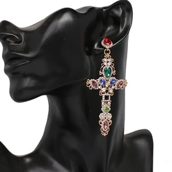 Baroque Golden Cross Female Earrings Large Long Earrings Jewelry Rhinestone Pendant Earrings Bijoux 2019