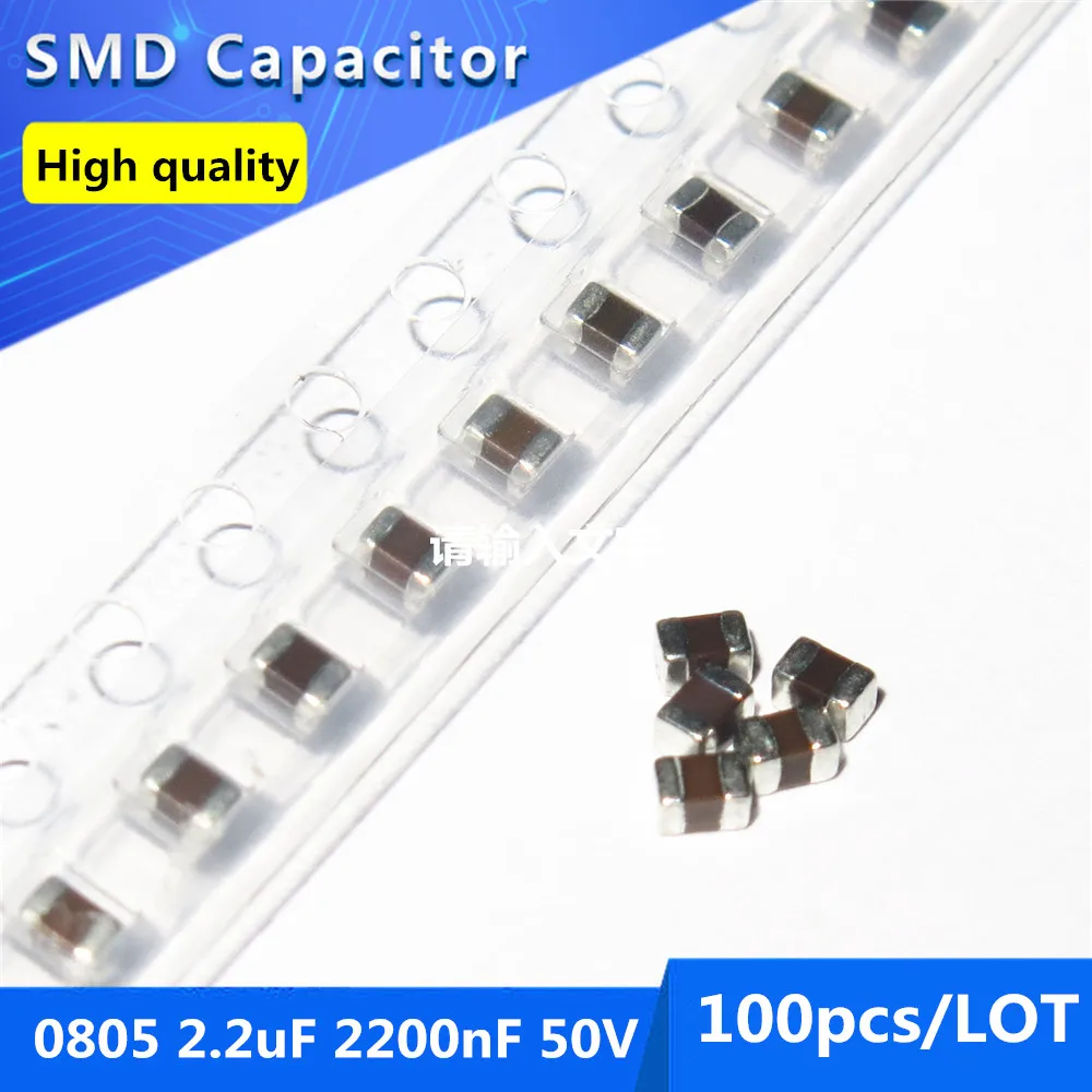 100pcs SMD Thick Film Chip Multilayer Ceramic Capacitor 0805 2.2uF 2200nF 50V X5R 10%