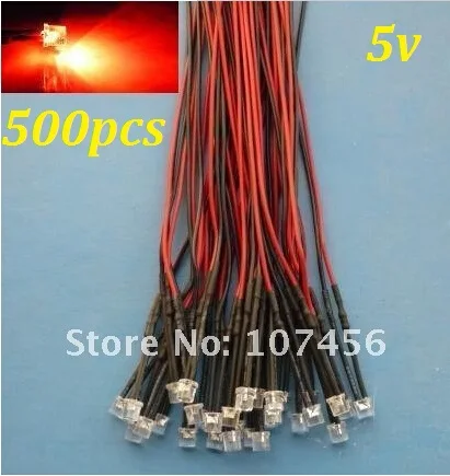 

Free shipping 500pcs Flat Top Red LED Lamp Light Set Pre-Wired 5mm 5V DC Wired 5mm 5v big/wide angle red led