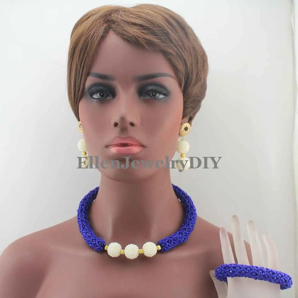 

Royal Blue and White Nigerian wedding beads African beaded necklace jewelry sets india dubai bridal jewelry sets W13106