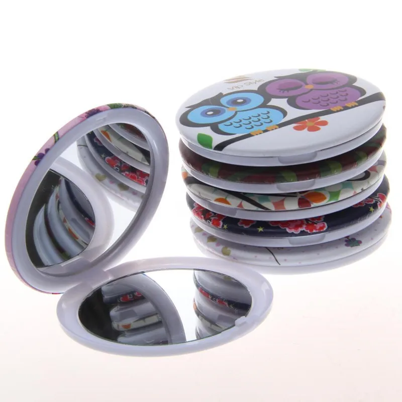 75mm Exquisite plastic Portable pocket mirror round shape foldable makeup mirror cute owls design Cosmetic mirrors