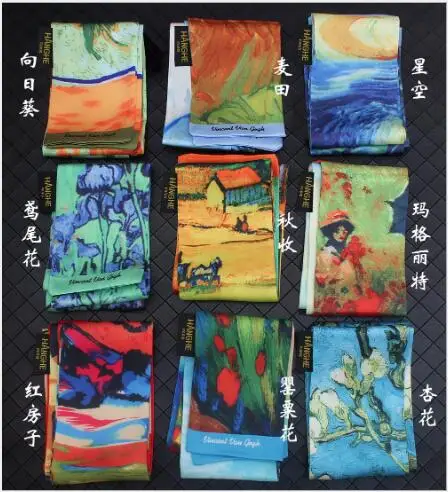 9x120cm Van Gogh Oil Painting Multi-function Bag Scarves Skinny Scarves 2019 New Silk Scarf Women Head Scarf Wrist Towel