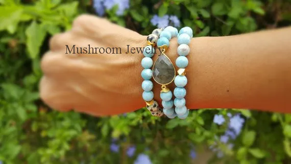 Gold Wavy Disk Spacer Beads Blue Jades Dalmatian Jaspers Bohemia Stretch Stack Bracelet