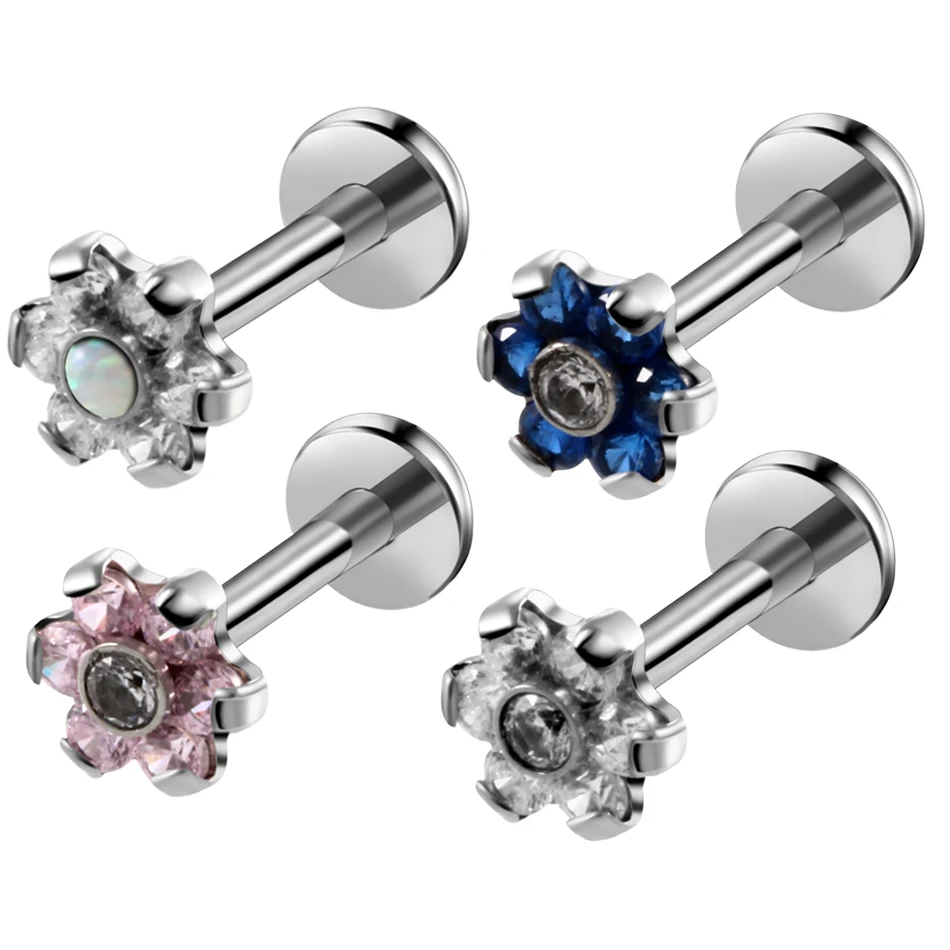 

1PC Steel Prong Set Crystal Zircon Flower Labret Stud Lip Rings Forward Helix Ear Cartilage Tragus Piercing Fashion Sexy Jewelry