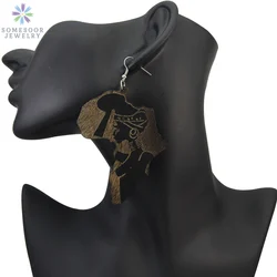 SOMESOOR Engraved African Map Retro Unfinished Wood Drop Earrings Black Queen Afrocentric Ethnic Pendant Jewelry Lady Gift 1pair