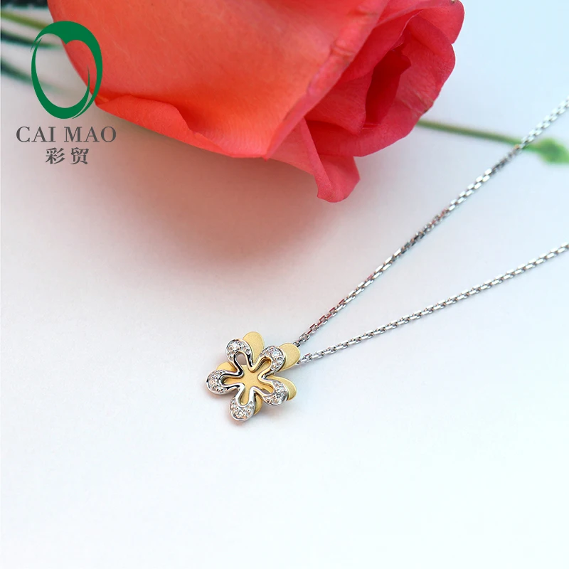 Caimao 14kt Multi-Tone Gold Natural Full Cut Diamonds Flower Pendant for Women Fine Jewelry