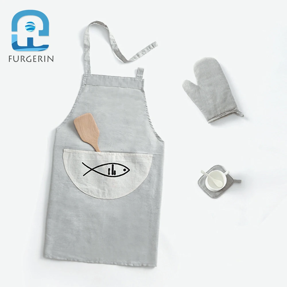 FURGERIN-Kitchen Apron and Oversleeves Linen Aprons for Woman Baking Gloves Oven Mitts with Scarf Kitchen Accessories 6 Pcs Set