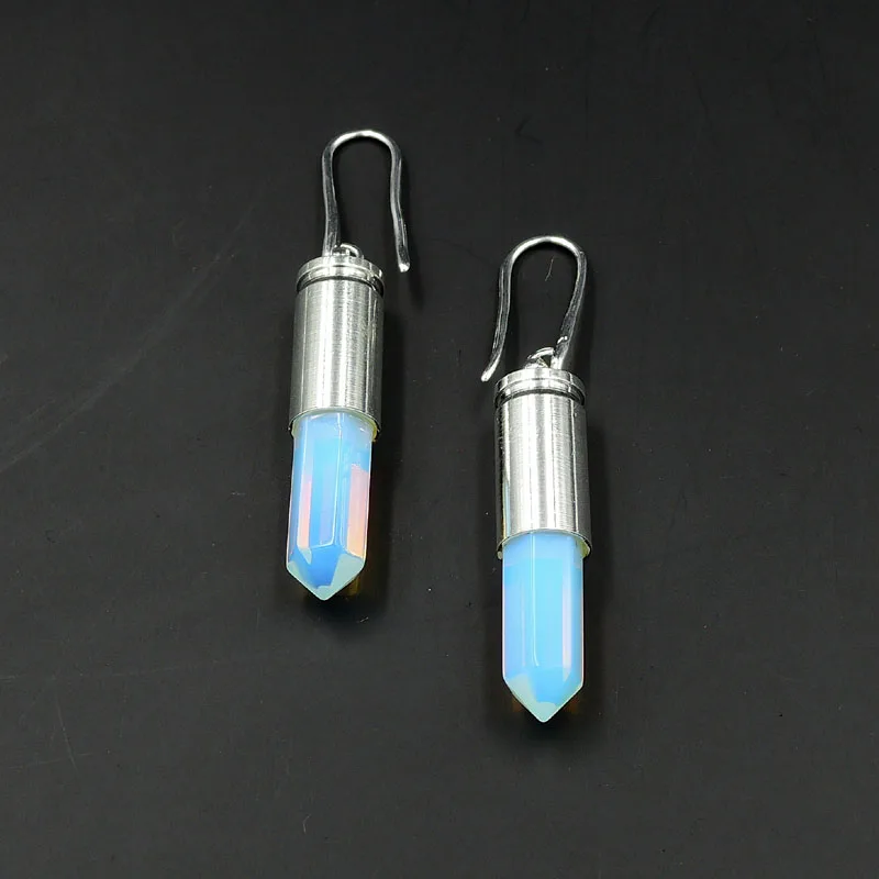 

Opal Stone Hexagon Pillar Point Earrings Gluing Bullet Shell Setting Silver Plated Approx 37*8mm