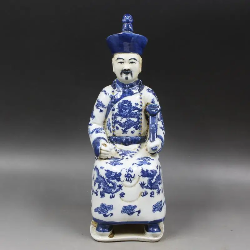 Antique QingDynasty porcelain statue,Blue &White Emperor Sculpture#2,carved crafts,Decoration,Collection&Adornment,Free shipping