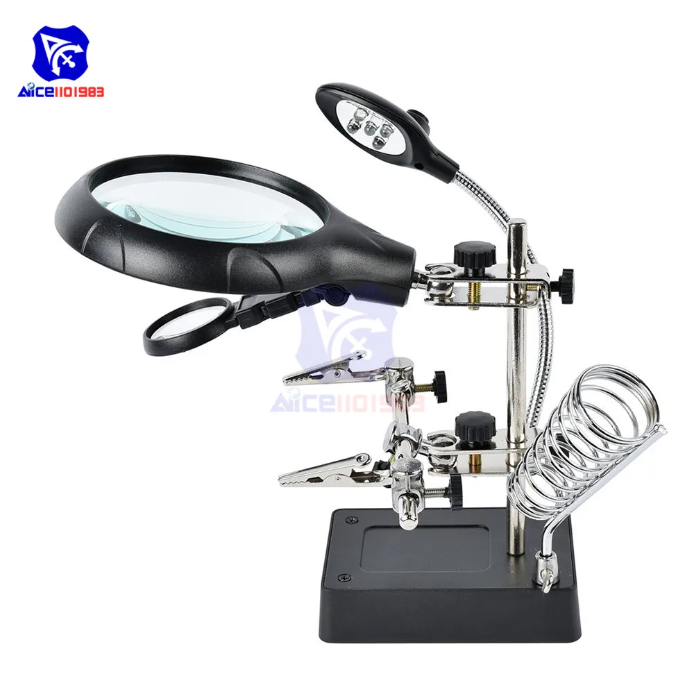 MG16129-C Welding Magnifying Glass 5 LED Auxiliary Clip Magnifier 3 In1 Hand Soldering Solder Iron Stand Holder Station