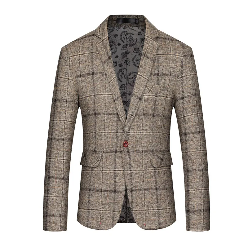 

Elegant Men Tweed Blazer Fashion Striped jacket Simple Classic Suit For Wedding Coat Flap Pocket One Button Blazer Male