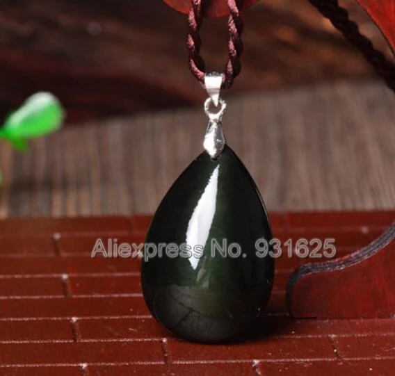 Beautiful Natural Rainbow Eye Obsidian Carved Water Dropping Design Lucky Amulet Pendant + Rope Necklace fashion Jewelry