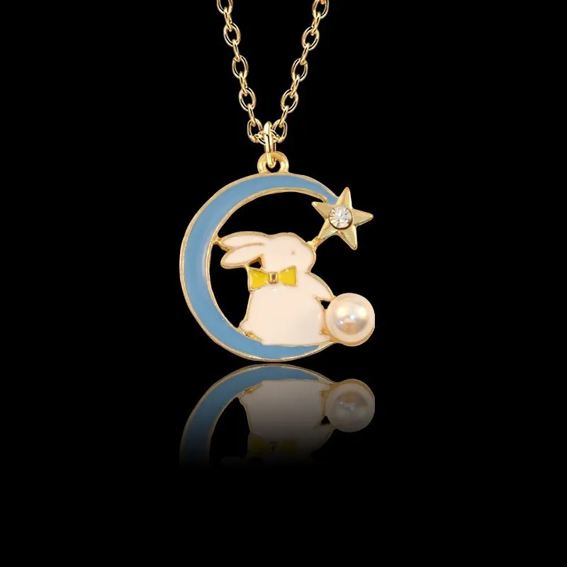DIY Golden Enamel Alloy Pendant Moon Bow Five-Pointed Star Pearl Rabbit Pendant Necklace Beautiful Girl Birthday Party Gift